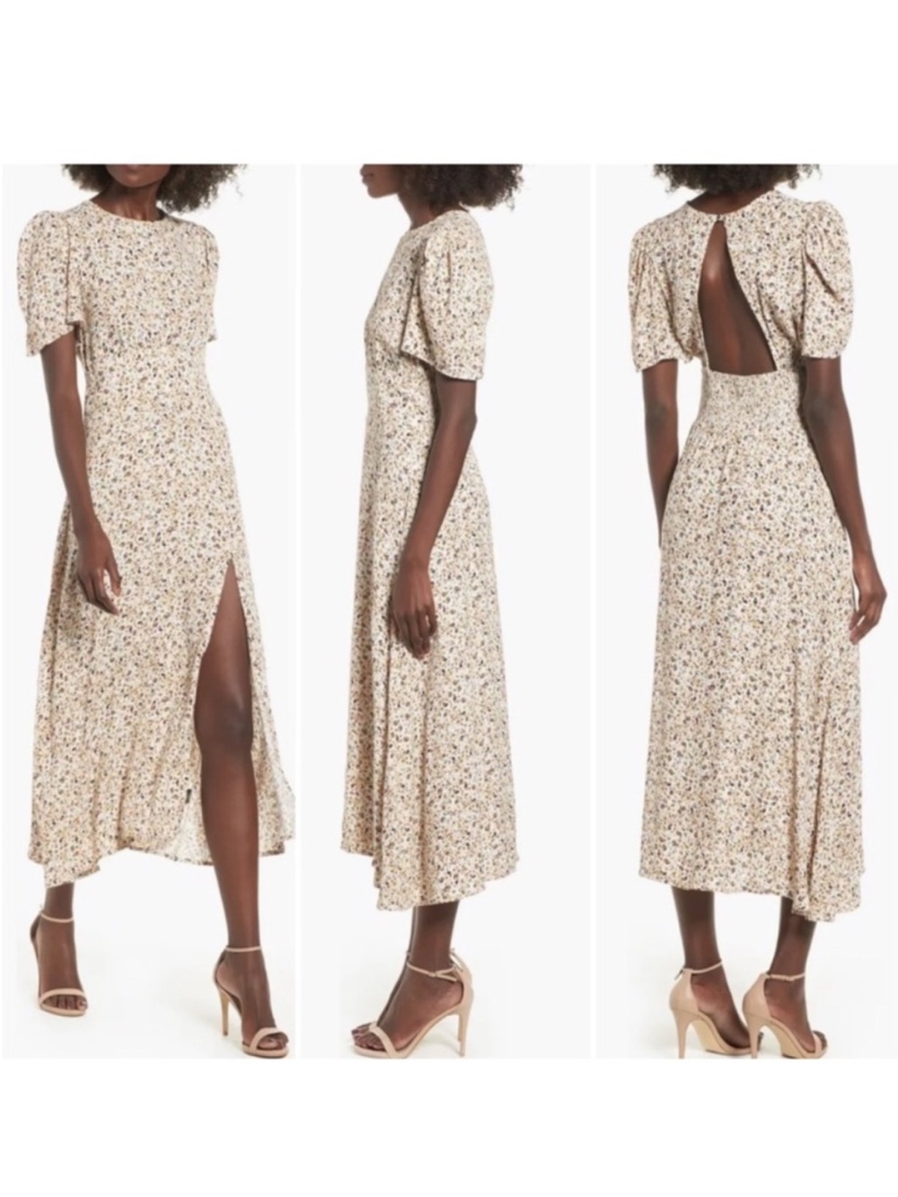 AFRM Lala Midi Dress Floral Smocked Back Slit Cream Size XL